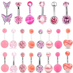 WKOUD 14G Stainless Steel Navel Belly Button Rings Women Fashion Belly Button Ring Piercing Body Piercings Jewelry Pink
