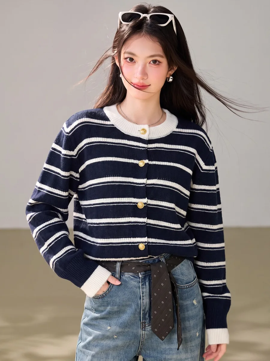 Korean Style Color Block Striped round Neck Long Sleeve Open Cardigan Sweater Women's Autumn Winter Short Knitted Top Casual ...