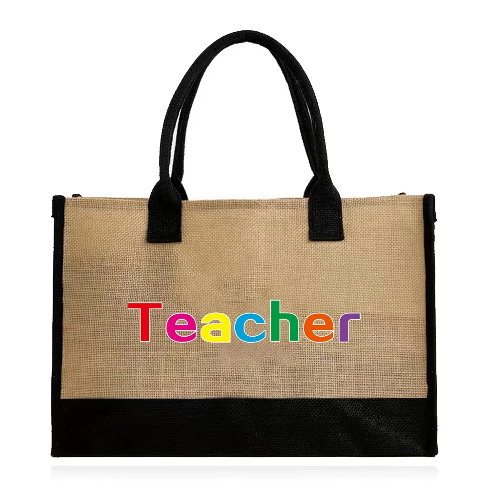 Bolso de compras de yute para mujer, bolsas de playa de verano, bolsa de almacenamiento de gran capacidad, Impresión de señora, serie de profesores, Totes informales para niñas