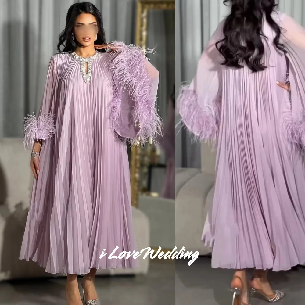 Robe de bal en mousseline de soie, plumes violettes, ligne a, col rond, manches longues, élégante, dubaï, arabie saoudite, longueur cheville, plissée, personnalisée