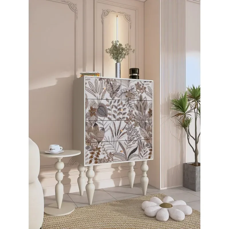 Solid wood plain color flower and bird five bucket tall cabinet living room locker bedroom retro style room wall storage cabinet