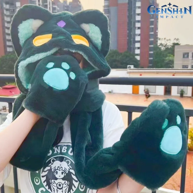 2023 New Genshin Impact Tongren Surrounding Scattered Cats Mandrills Cats Cute Plush Hat Scarf Gloves Three Piece Cold Proof Hat