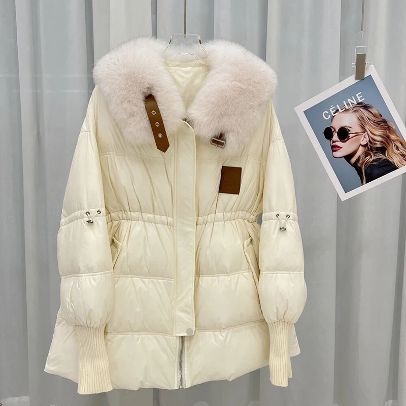 2024 New Winter white duck Down Detachable Fur Jacket fur parka Mid-Length Luxury Winter Warm Outerwear