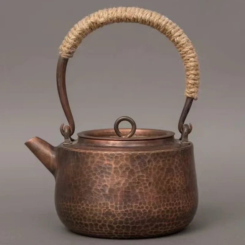 Vintage Copper Boil Water Kettle,Handcrafted Hammer Texture Weave With lid Handheld1.5 L Coffee Pot,Heat Resistant Filter Teapot