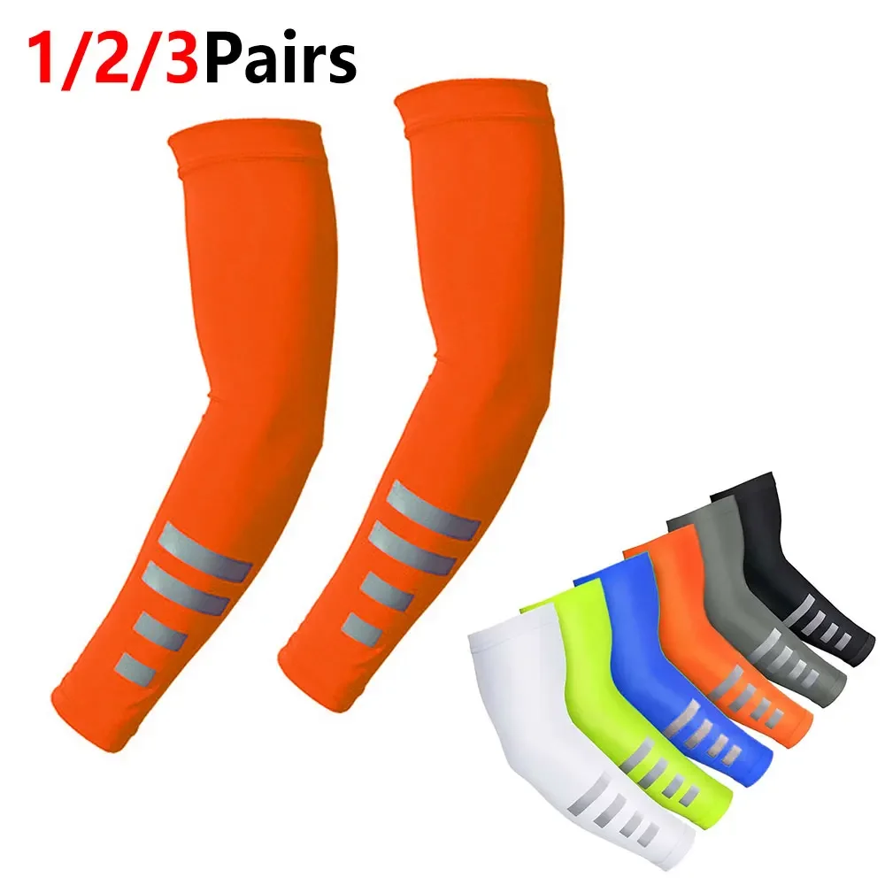 1/2/3Pairs Quick Dry Cooling Arm Sleeves,High Visibility Reflective Stripe,UV Protection Arm Cover for Men Women Outdoor Running