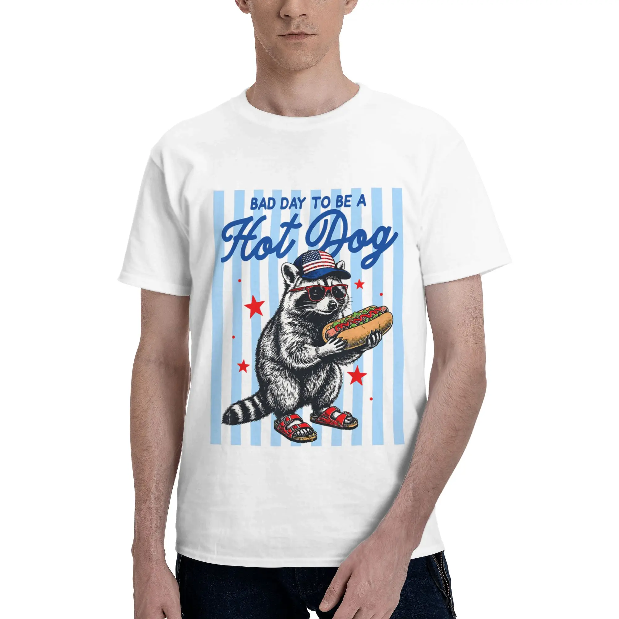Hot Dog Raccoon Funny 4th of July Men's T-Shirt Clothes  Vintage Tees Short Sleeve fugees 100% Cotton