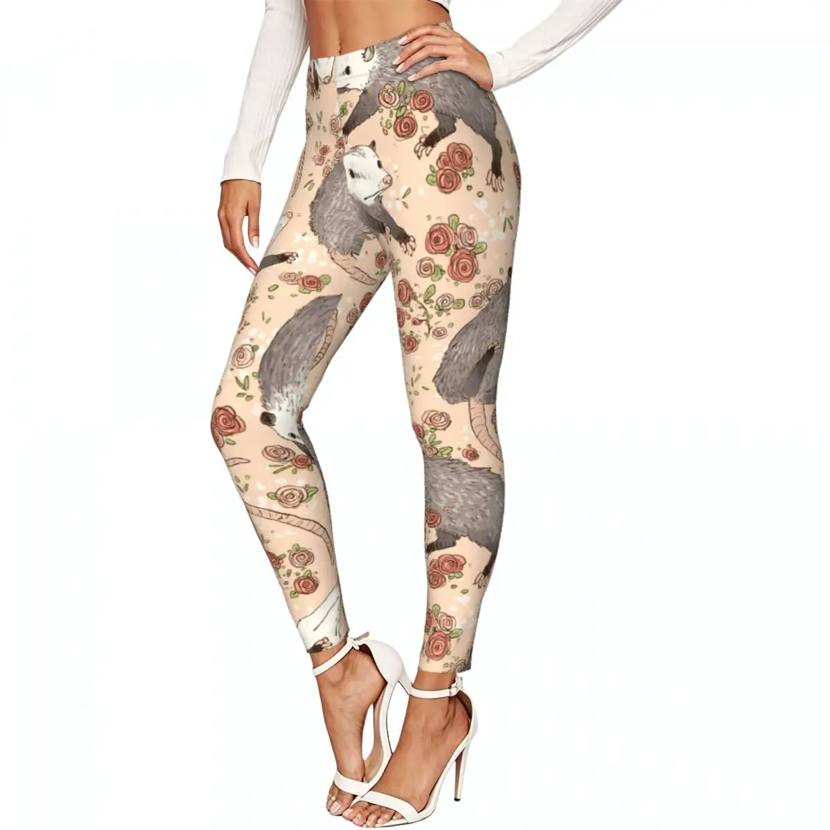 Women Full Length Elastic Leggings High Waist Tight Pants Cute Opossum And Roses Casual Bottoms