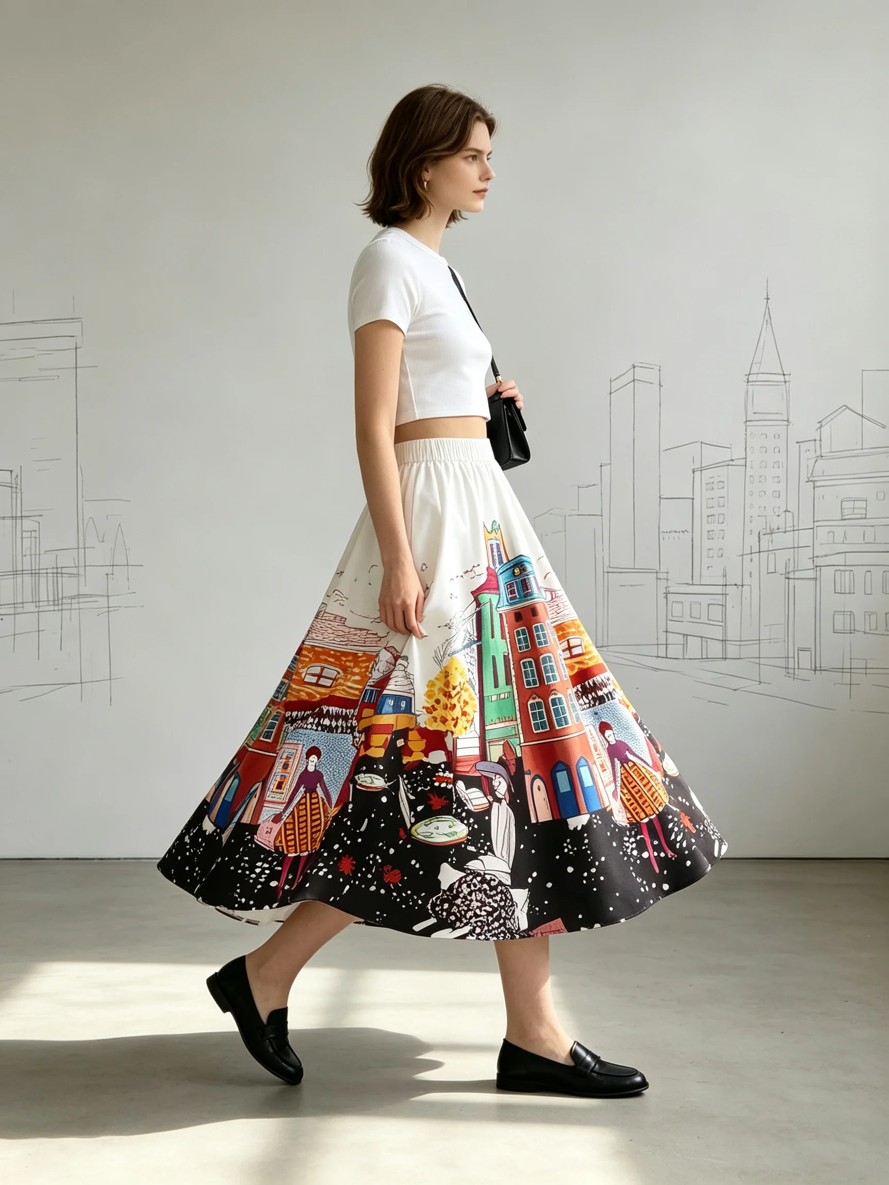 Women's A‑Line Midi Skirt, Colorful City Building Cartoon Print Elastic Waist Flowy Long Skirt Casual Bohemian Maxi Skirts
