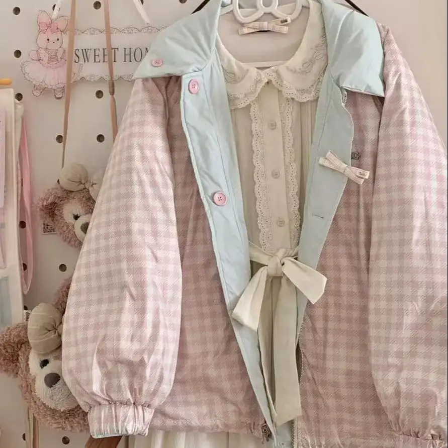 

Японская милая розовая двусторонняя стеганая куртка в клетку для женщин, зимняя, с уютным дизайном, теплая, омолаживающая модель