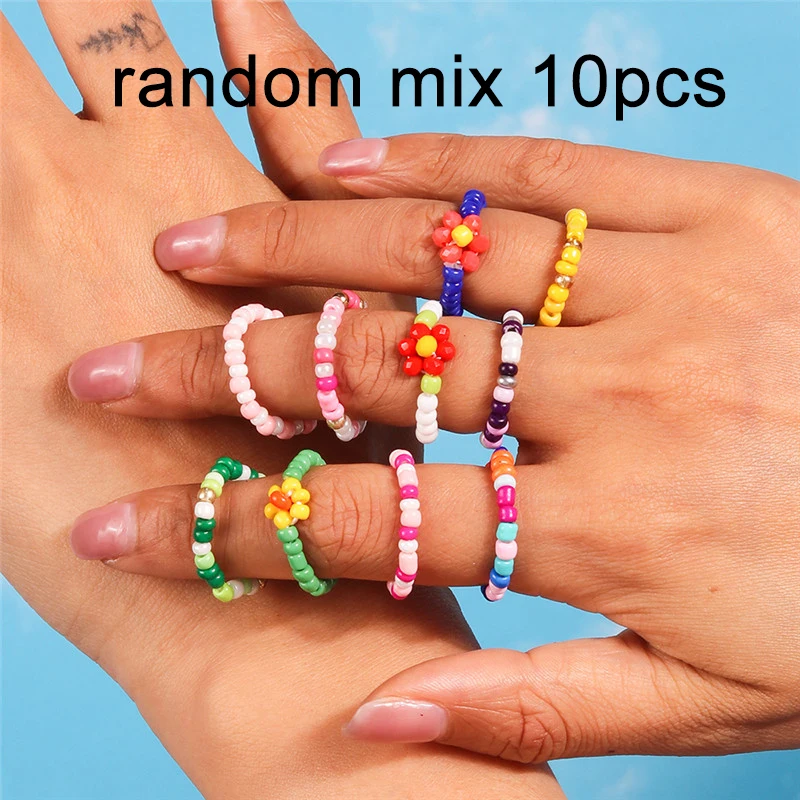 Aihua Koreanische Bunte Blume Ring Sets Böhmen Handgemachte Multi Perlen Reis Perlen Finger Ring Für Frauen Strand Schmuck Geschenke – Detail 4