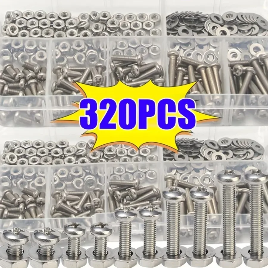 Kit de Assortimento de 320 Peças de Parafusos, Porcas e Arruelas, Conjunto de Ferragens Métricas M2-M5 para Reparos Domésticos DIY e Uso Industrial