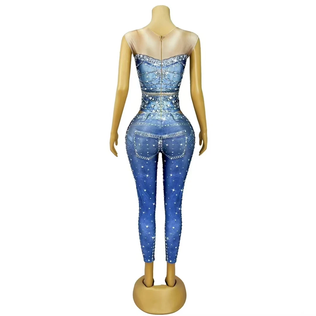 ジーンズ柄プリントノースリーブジャンプスーツナイトクラブ歌手ステージパフォーマンス服クリスタルレオタードハロウィンコスプレ衣装