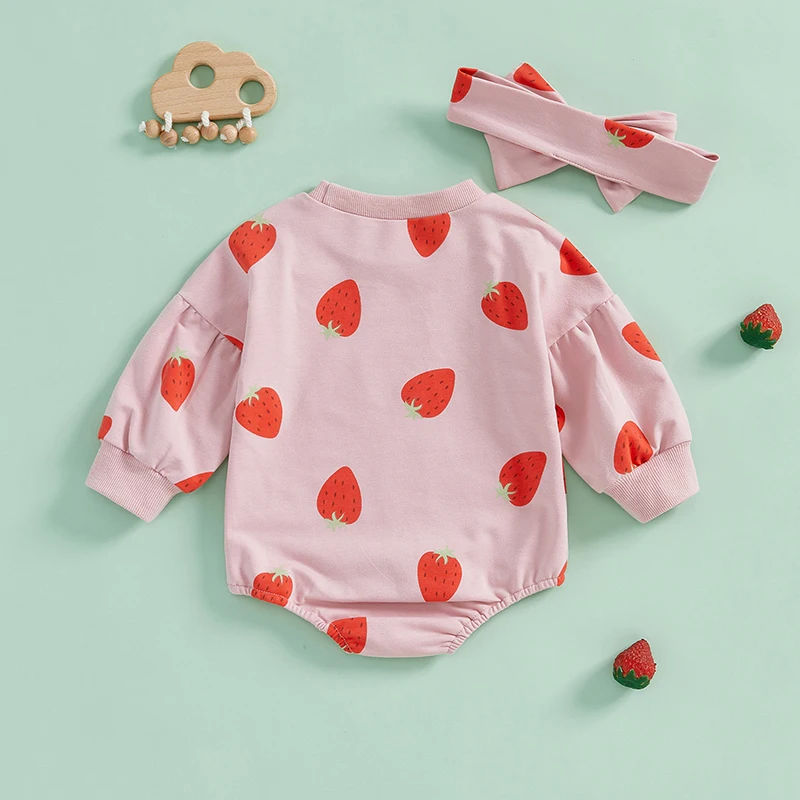 Lovely Baby Girls Spring Autumn Rompers Long Sleeve O Neck Strawberry Print Loose Sweatshirts Romper with Headband Outfits