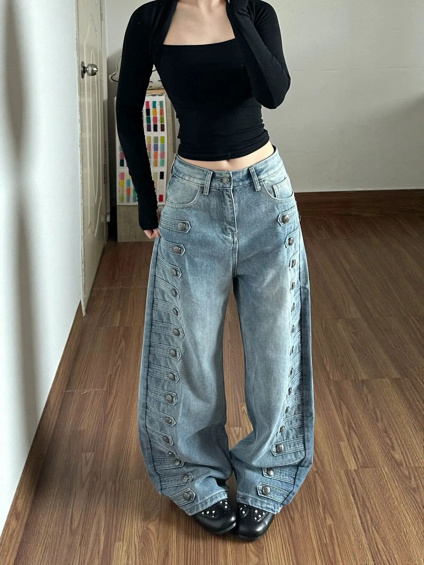 plus Size French Revolution Retro Double Button Denim Jeans Women's New American Style Loose Slimming Casual Wide Leg Pants