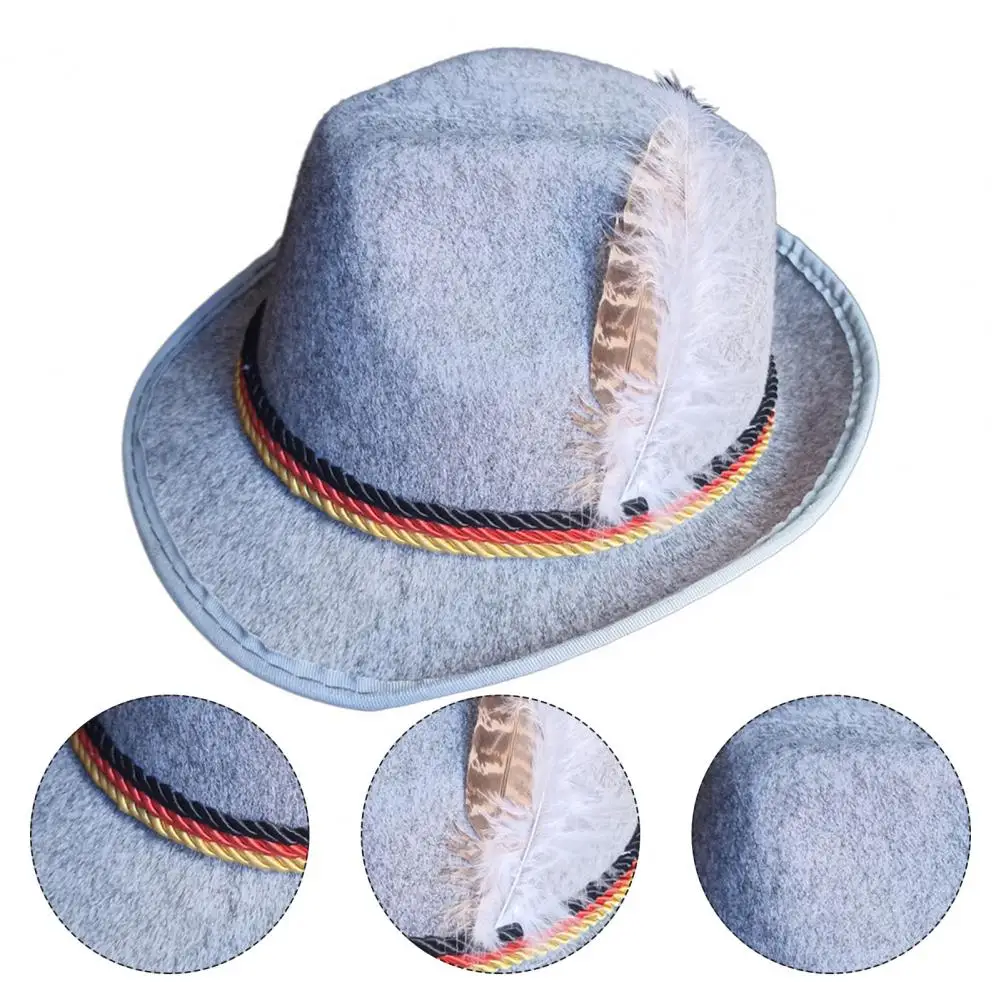

Пернатая стильная мужская шляпа Fedora с перьями и веревкой из перьев, дизайн с изогнутыми краями для вечеринок на Октоберфест, фестивалей, перьев