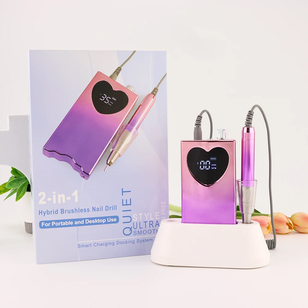 35000RPM Brushless Ultra-thin Body Gradient Color Portable Desktop Base Electric Nail Drill Cordless Polisher Manicure Wireless