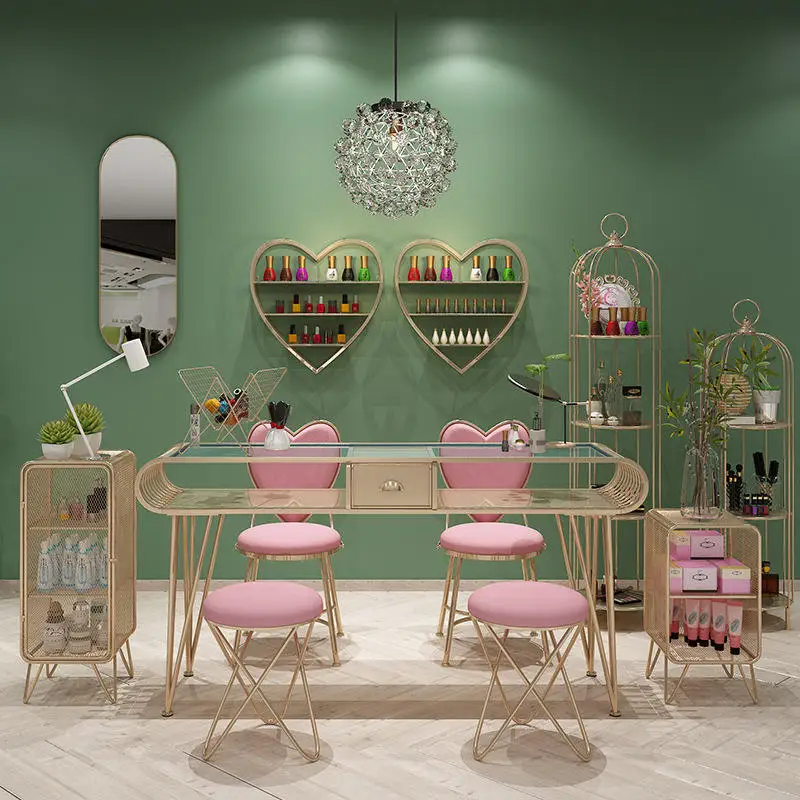 #Golden Metal Nail Studio Station Glass Beauty Salon Furniture Pink Manicure Table And Chairs