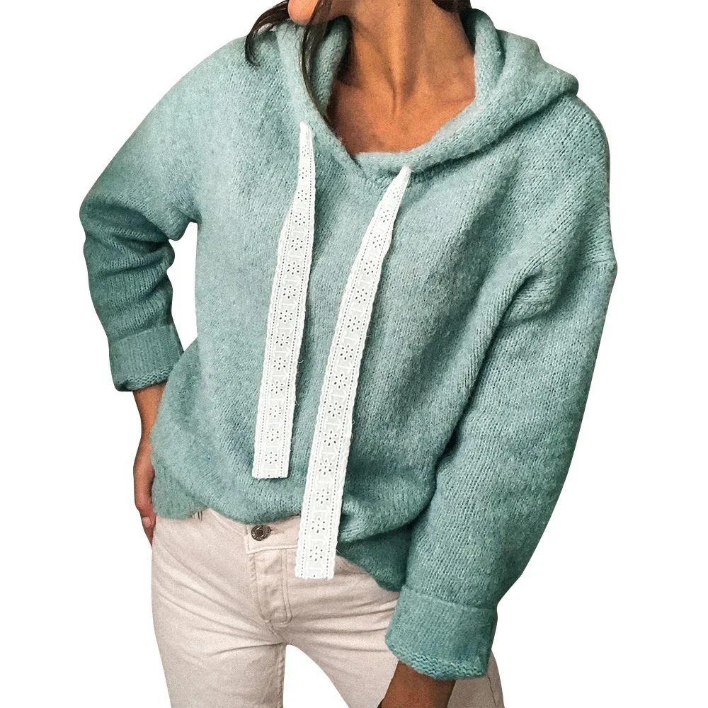 Solid Lace Drawstring Sweatshirt Casual Knitted Hooded Pullover Women Autumn Winter Hoodies Long Sleeve Tops Ladies Streetwear