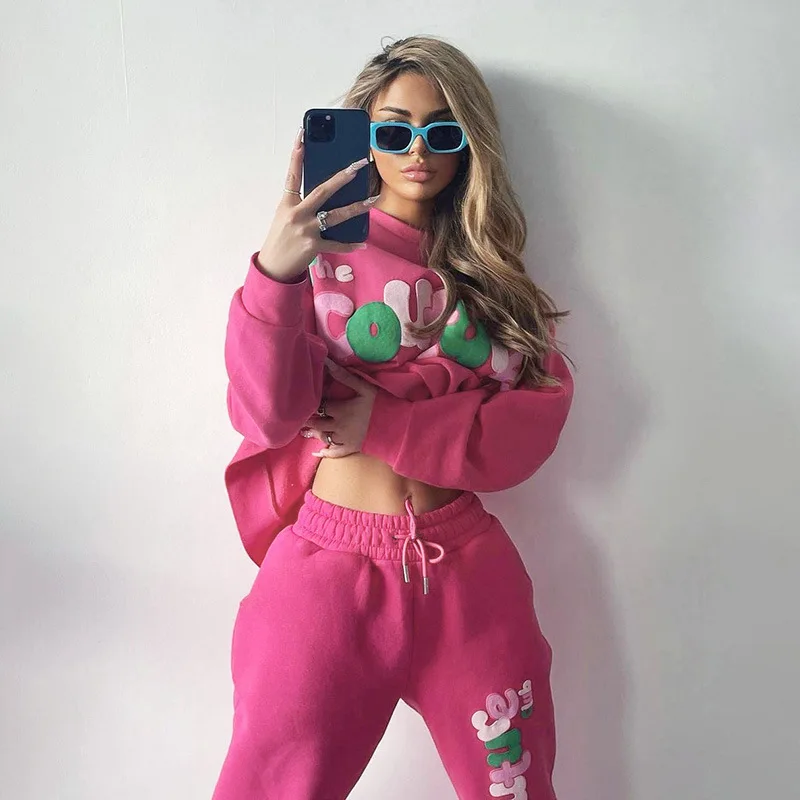 

Tracksuit Women Letter Print Thick O Neck Warm Long Sleeve Sweatshirts Pockets Elastic Waist Trousers Set Ensemble Jogging Suits