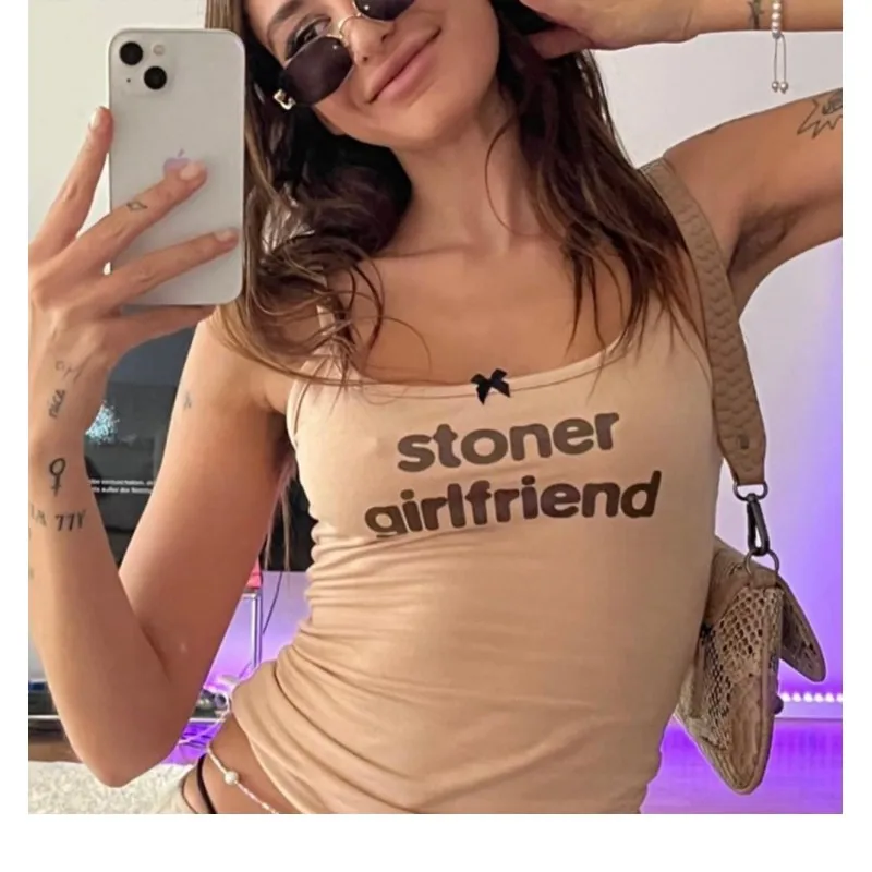 American Retro fairycore style High street Summer casual versatile bowknot Letter printed emo slim fit fashionable camisole tops