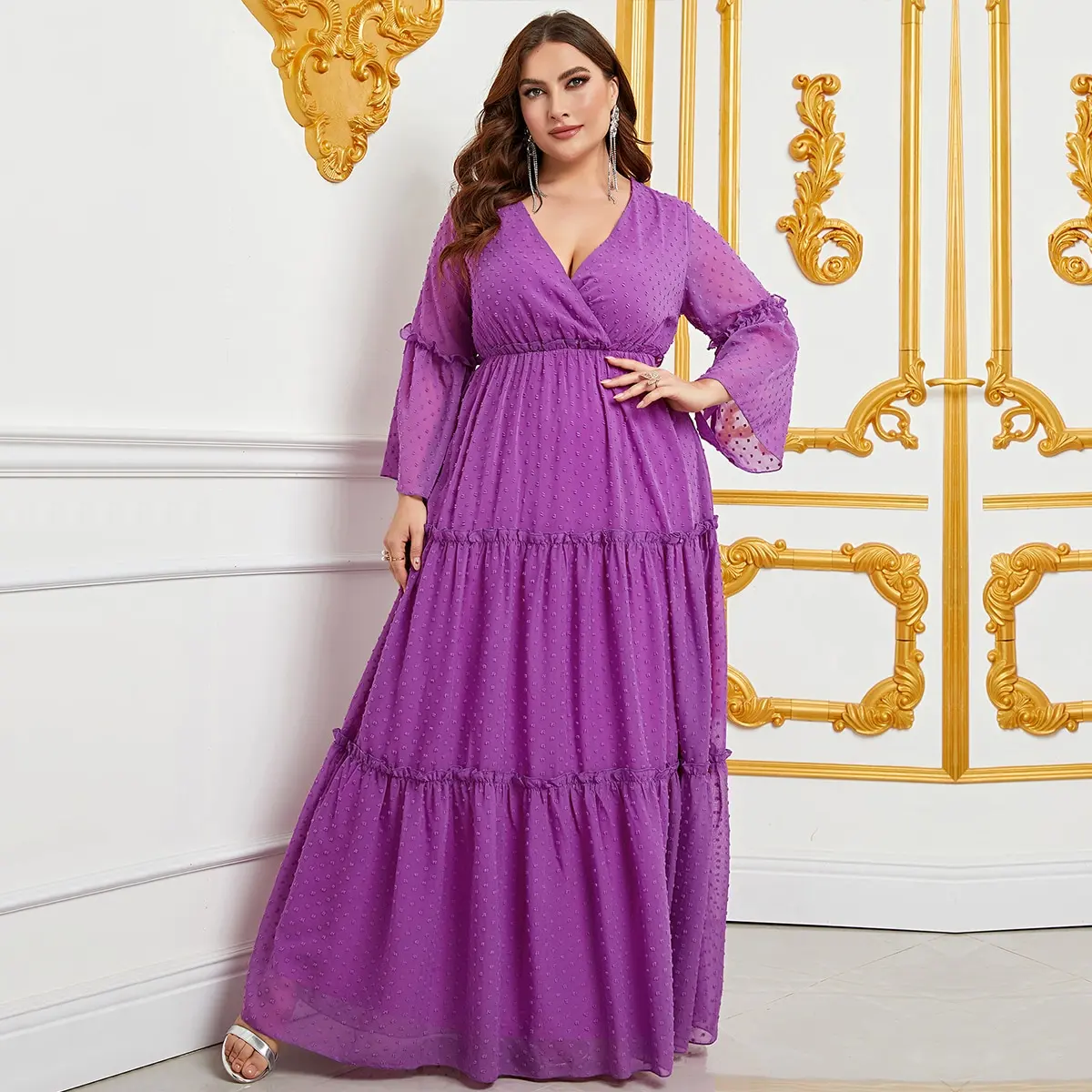 Plus Elegant V Neck Long Sleeve Dresses