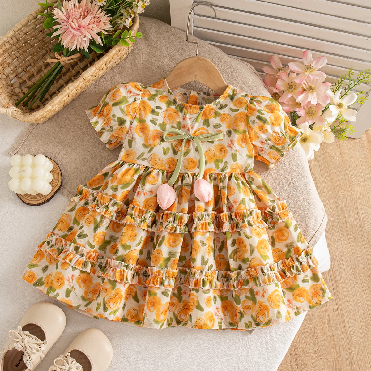 Vestito Estivo per Bambina con Stampa Floreale e Fiocco, Manica Corta, Abito da Spiaggia Carino per Neonata, Abbigliamento per Bambina