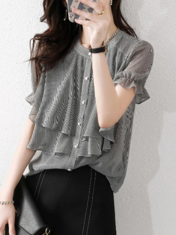 مخطط قمصان النساء لطيف الكشكشة الراحة عادية أنيقة مكتب السيدات س الرقبة العصرية الرجعية كل مباراة بسيطة الكورية نمط الحلو