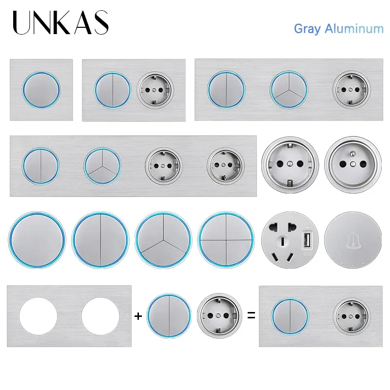 

UNKAS 1 2 3 4 Gang 1 / 2 Way Click on / Off Light Switch Серый Алюминий DIY Бесплатная комбинация Дверной звонок ЕС Французский Великобритания Человеческое тело