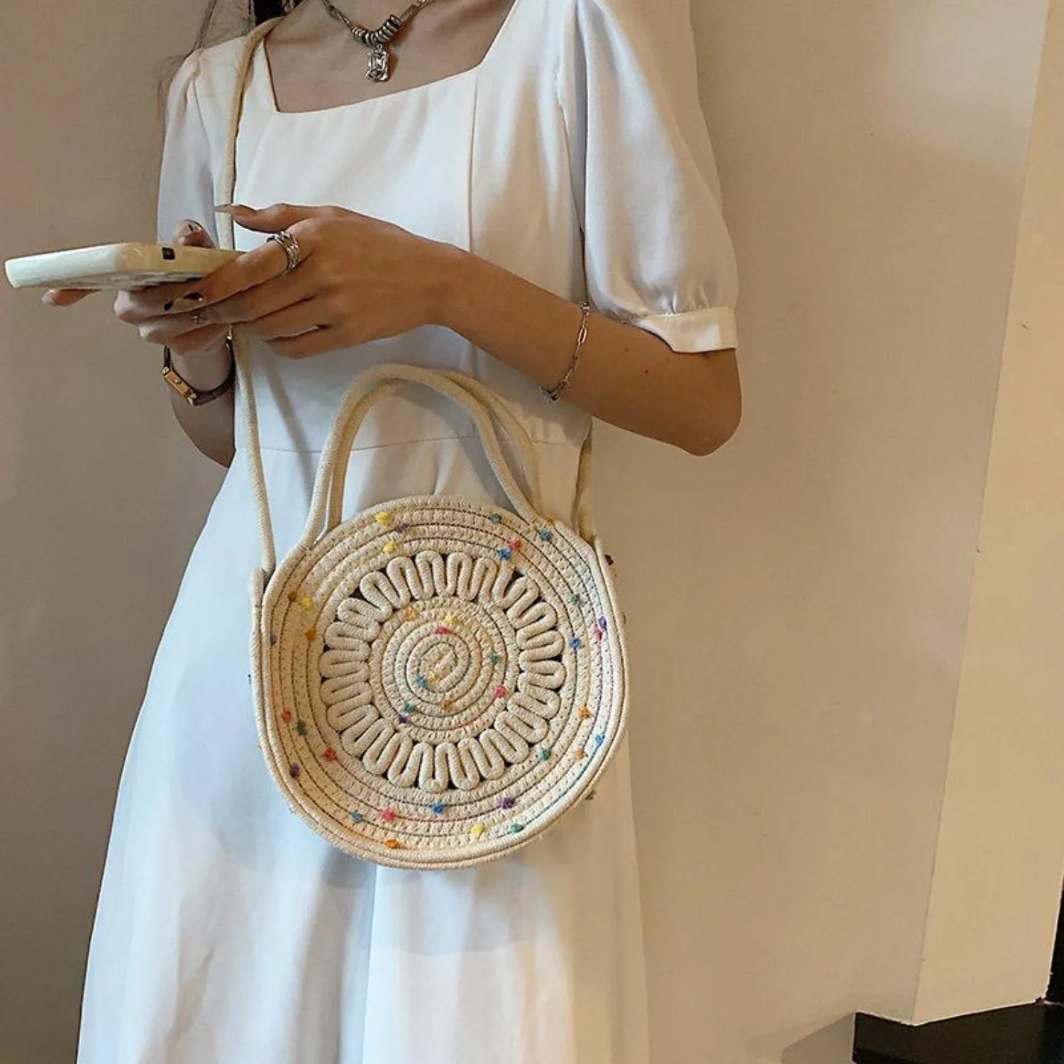 

Mini Straw Crossbody Bag for Women - Summer Round Shoulder Purse in Cream Purse Strap Purse Straps For