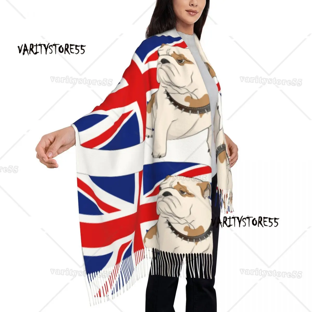 Lenço personalizado do buldogue inglês para homens e mulheres, Lenço anti-frio, impresso no fundo da bandeira britânica, franja de pilha longa