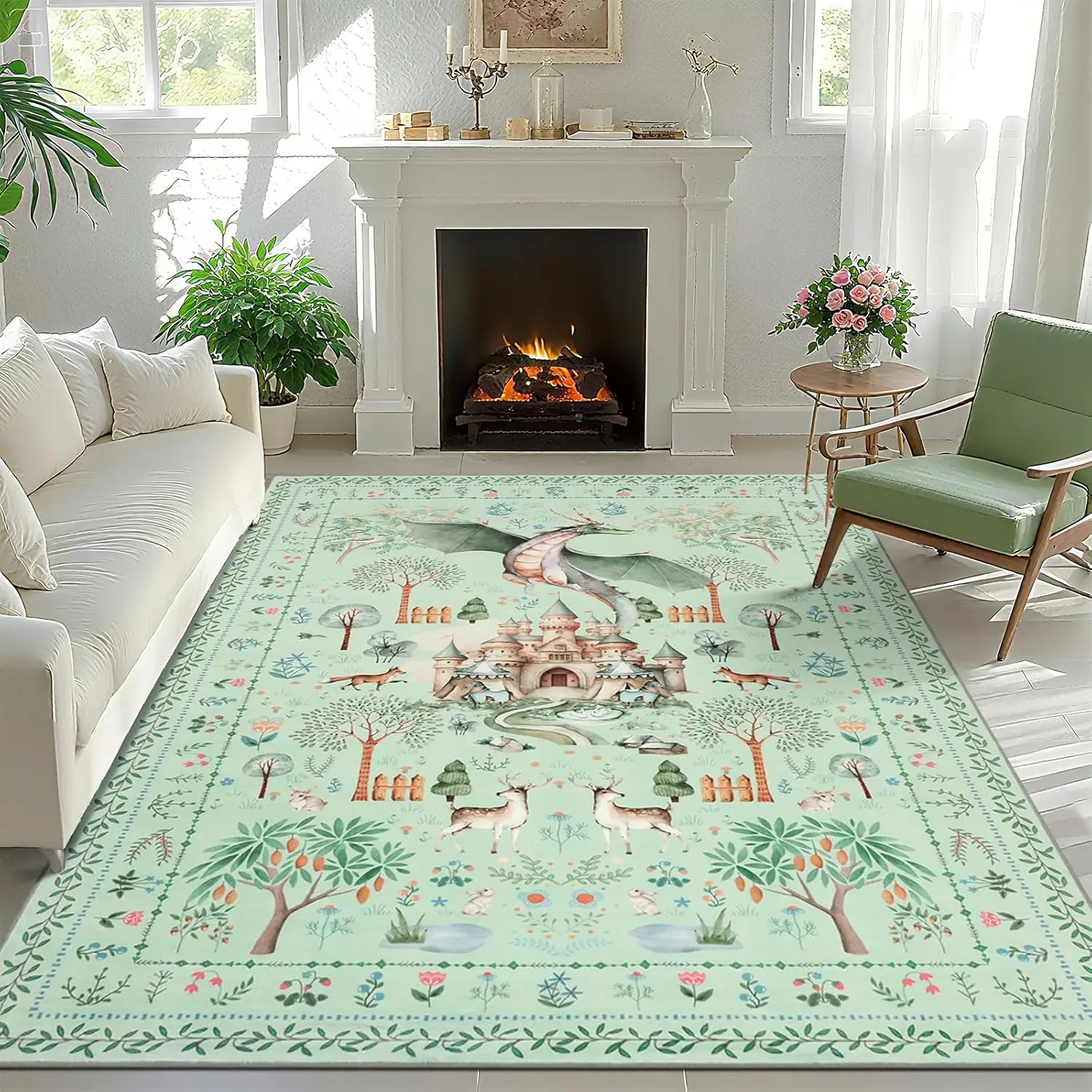 Green Animal Printed Dragon Rugs,Soft Large Botanical Forest Nursey Playroom Floor Carpets for Dining Room Farmhouse Home Office