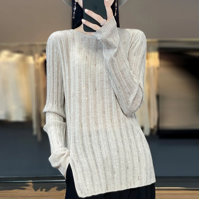 

Spring New 100% Merino Wool Women Sweater Thin Micro Perspective O-neck Stripping Pullover Casual Knit Sweater Tops