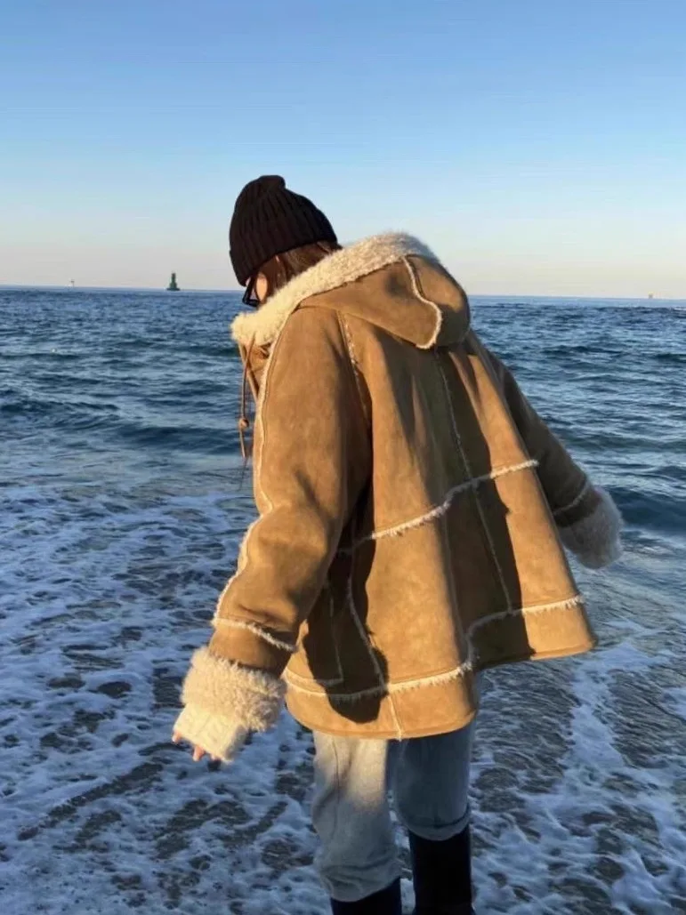 여성용 모피 코트 인조 가죽 및 모피 겨울 초기 시즌 후드 단추 하나 친환경 따뜻한 롱 코트...