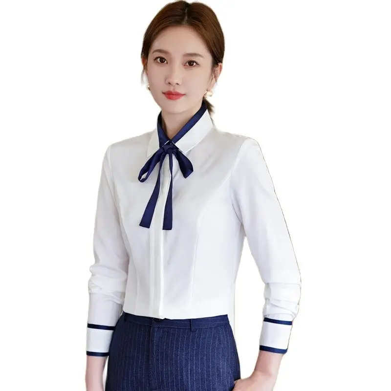 Lenshin Turn-down collar Autumn wear long sleeve women White Bow  blouse Shirt female casual style elegant fashion slim tops