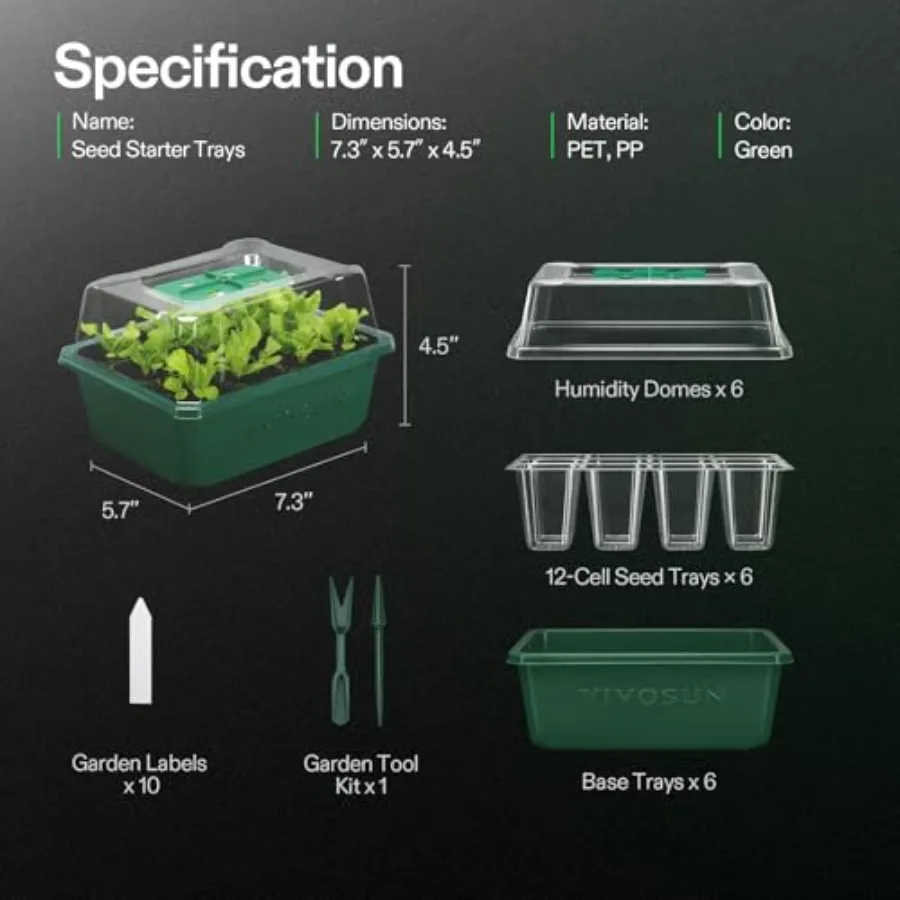 6-Pack Seed Starter, 72-Cell Seed Starter Kit with Humidity Dome, Flat Reusable Plant Germination Drain Hole, Green Propagation