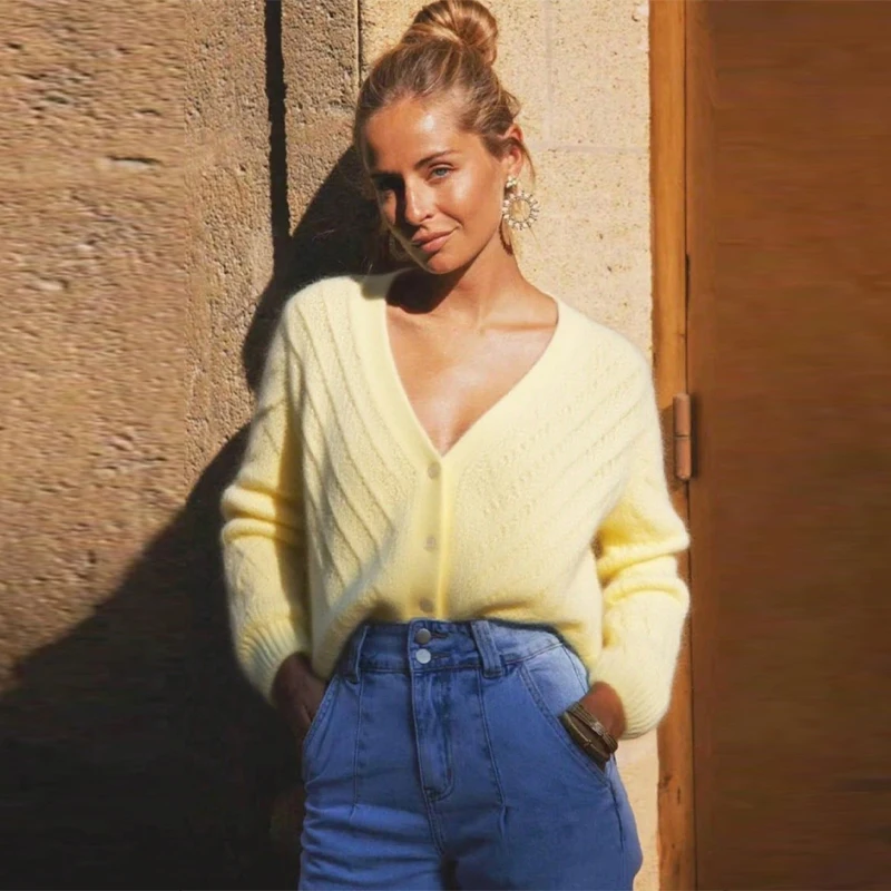 

Элегантный вязаный кардиган с v-образным вырезом, кремово-желтые пуговицы, однобортное пальто в диагональную полоску, осень 202, женская повседневная верхняя одежда