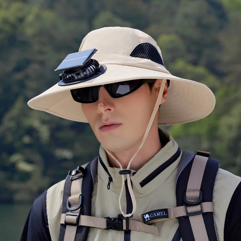 Nueva gorra de ventilador Solar de verano, sombrero de cubo de secado rápido para hombres, gorra de protección solar de pesca fresca al aire libre, sombrero de pescador de ala grande para hombre