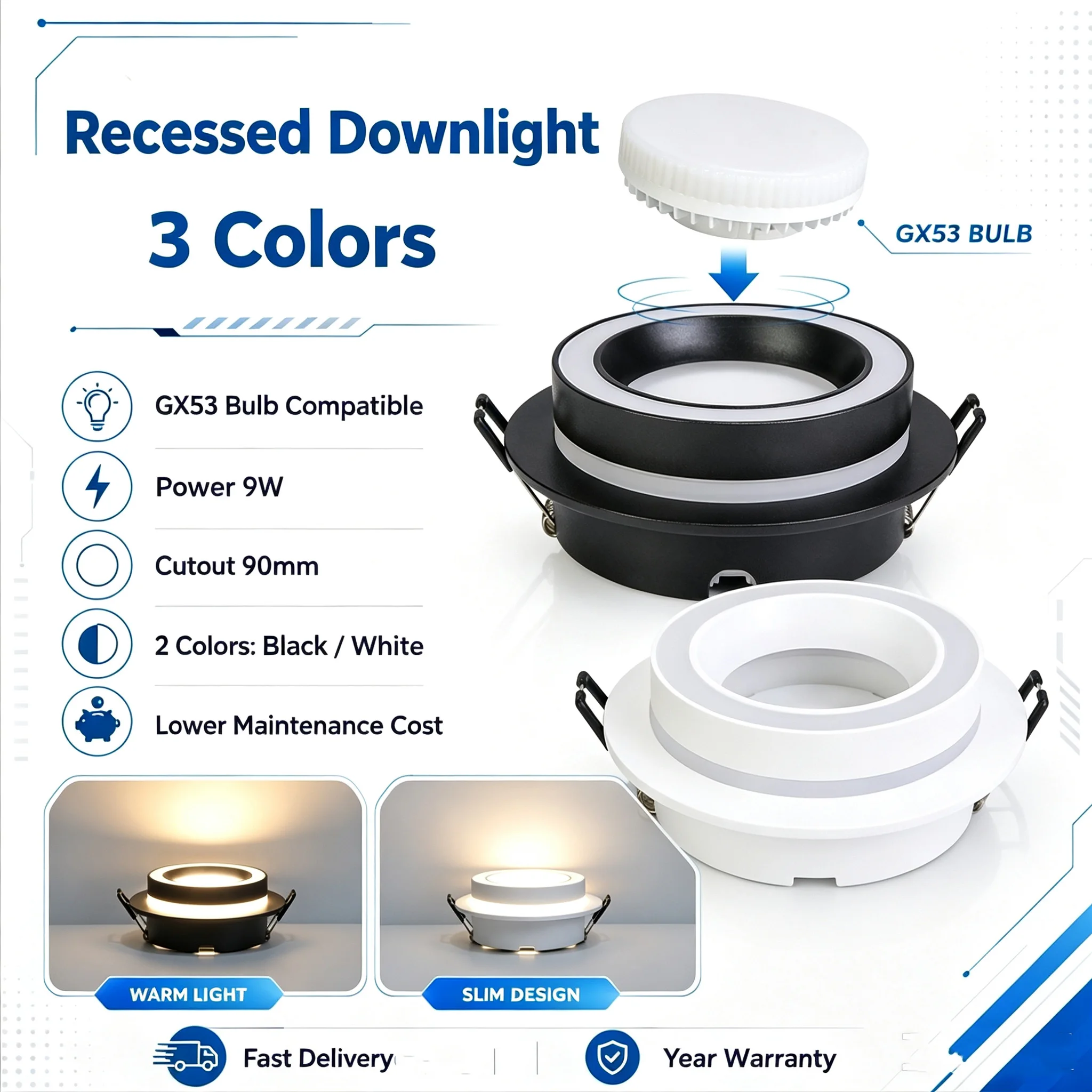 Gx53 Embedded Downlight 110v 220v Led Ceiling Lamp With Three-Color Light Bulb Suitable for Living Room Corridor Decor Spotlight