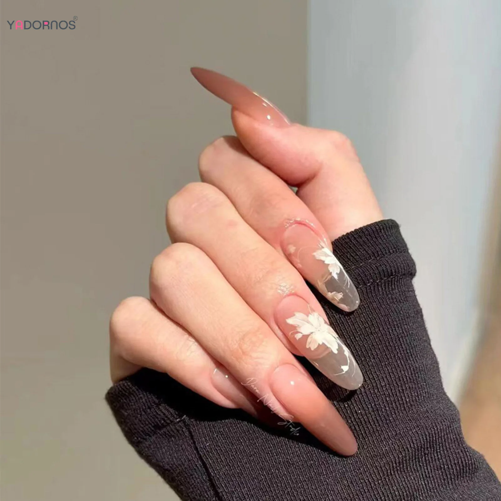أظافر مزيفة بطبعة زهور ، لوز طويل أحمر متدرج ، اضغط على الأظافر ، غطاء كامل ، أظافر مزيفة ضبابية ، فن تجميل الأظافر القابل لإعادة الاستخدام ، 24 *