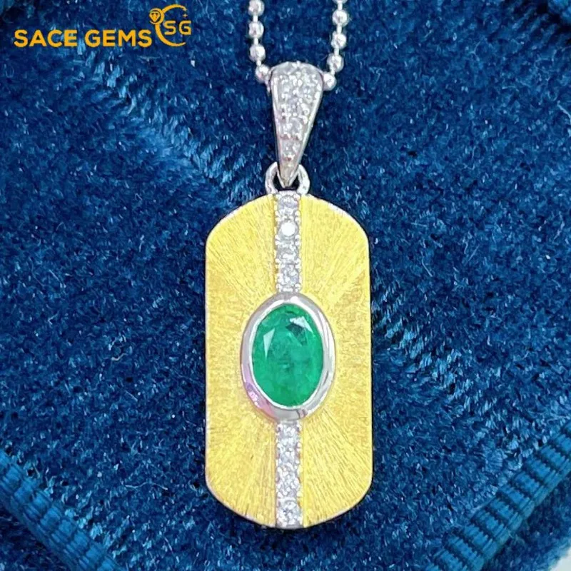 

SACE GEMS Certified 925 Sterling Silver 4*6MM Natural Emerald Pendant Necklace for Women Sparkling Wedding Fine Jewelry Gift