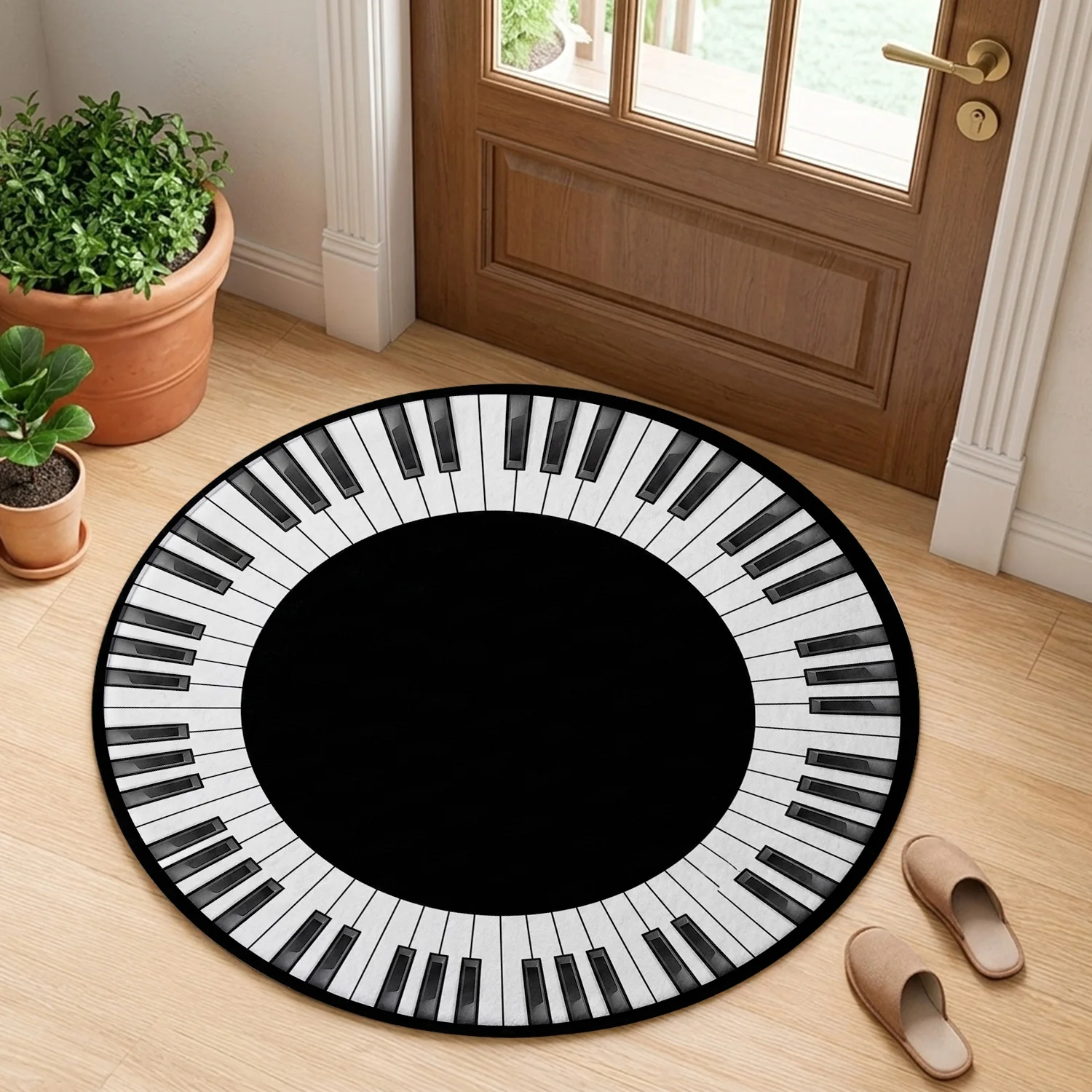 Piano Keys Musical Notes Classic Black White Instrument Border Pattern Round Mat Area Rug Home Decor