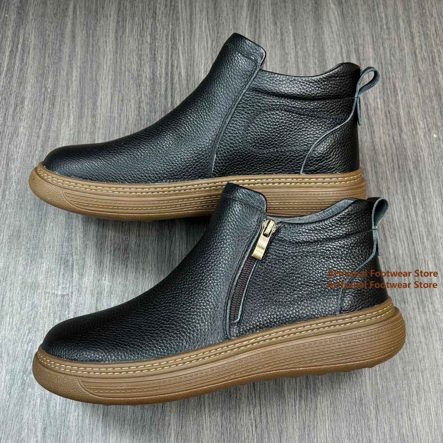 Thick-Soled Casual Outdoor Men's Boots Black Leather Mid-Top Side Zipper Men's Booties Soft Leather Soft-Soled Men's Boots