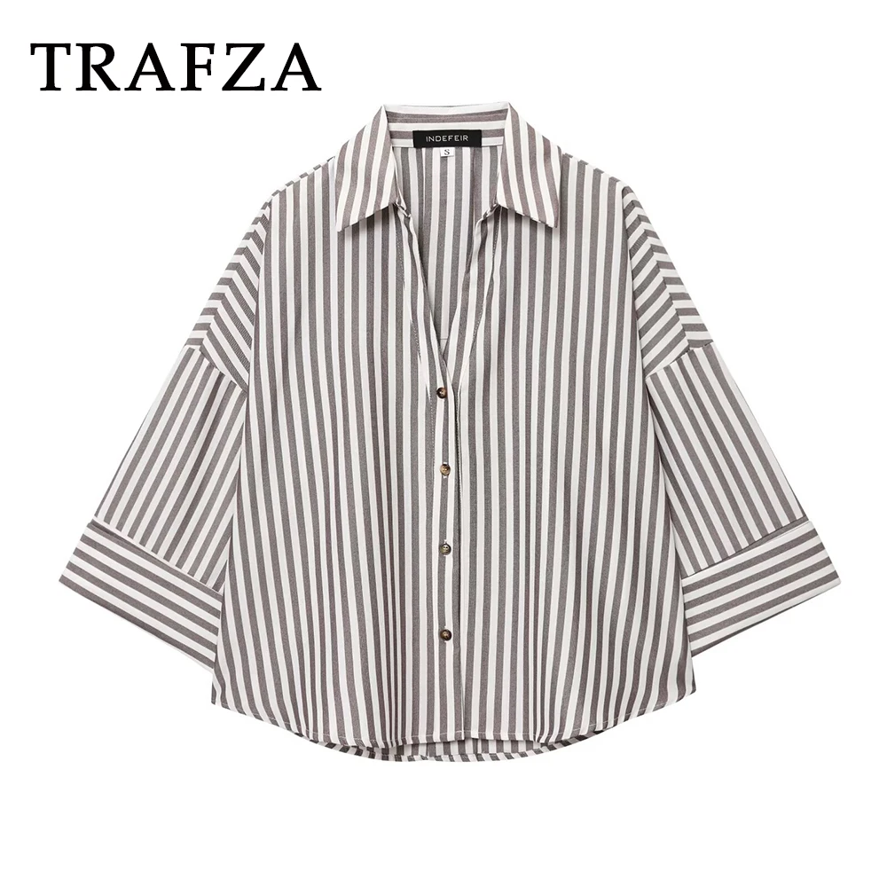 

TRAFZA 2025 Chic Casual Teacher Women Striped Shirt Loose Single Breasted Streetwear Wide Sleeve Fashion Elegant Female Shirt