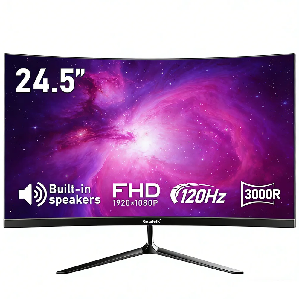 Gawfolk 24.5Inch Curved Monitor Built-in Speakers Frameless 120hz Monitor Full HD 1080P,Wall Mount Compatible image 3