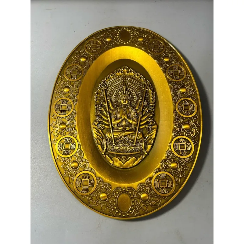 Vintage Zinc Alloy Silver-Plated Thousand-Handed Avalokiteshvara Plate Inlaid with Gemstones and Five Emperors Coins, Antique Cr