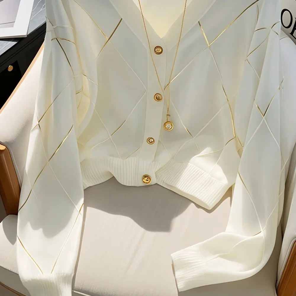 

Женский белый вязаный кардиган с длинными рукавами в корейском стиле, высококачественный шикарный топ с ромбами на раннюю осень