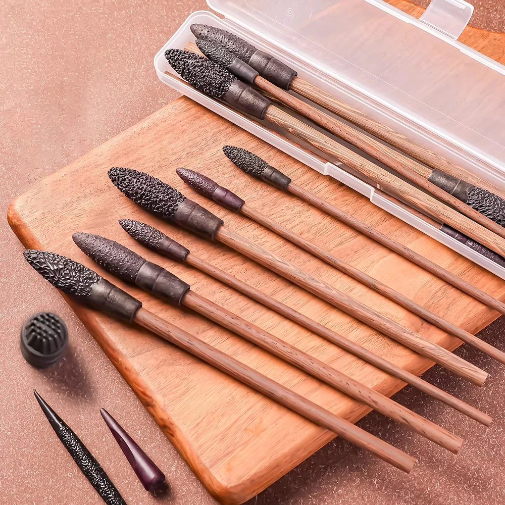 9pcs/set Pottery Texture Stick Tool Rough Plush Texture DIY Clay Soft Ceramic Styling Pinching Styling Pen Set with Storage Box