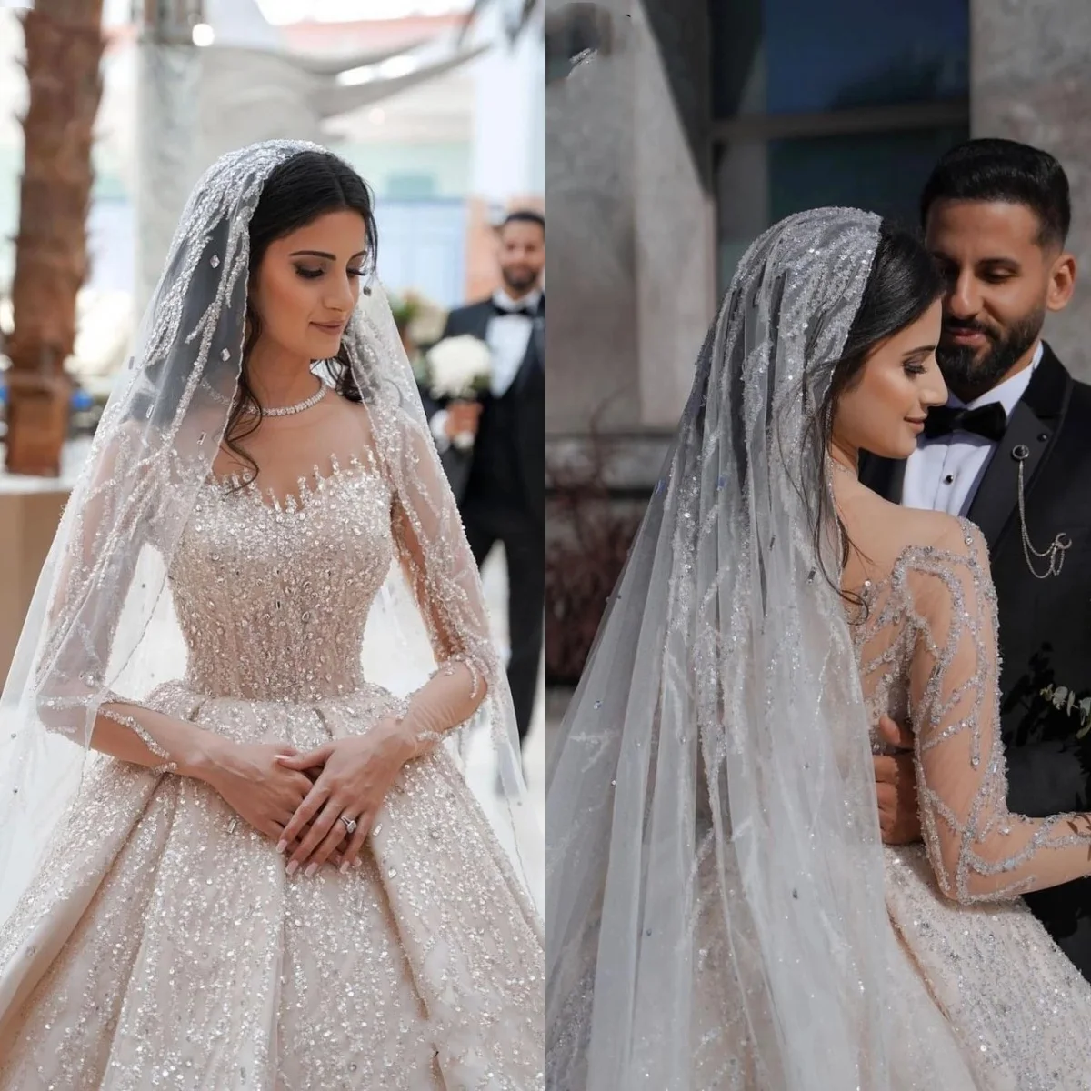 

Classic Bridal Dress Sequins Lace Crystal Wedding Gown Sheer Neck Long Sleeves A Line Gown Sweep Train Customized Dresses