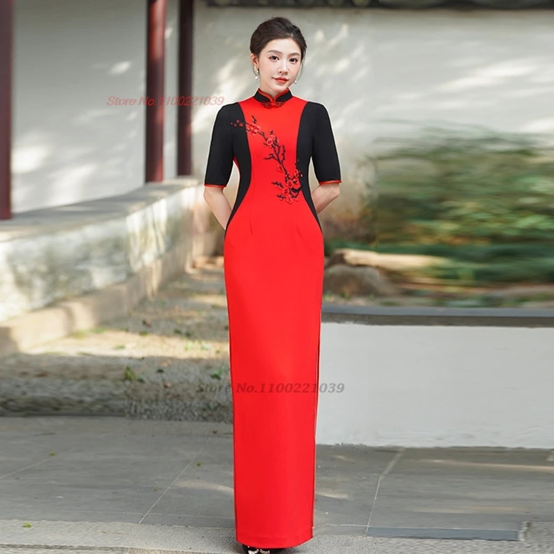 

2025 китайское улучшенное qipao винтажное Cheongsam с национальной цветочной вышивкой в стиле пэчворк qipao для выступления на сцене, банкетное вечернее платье
