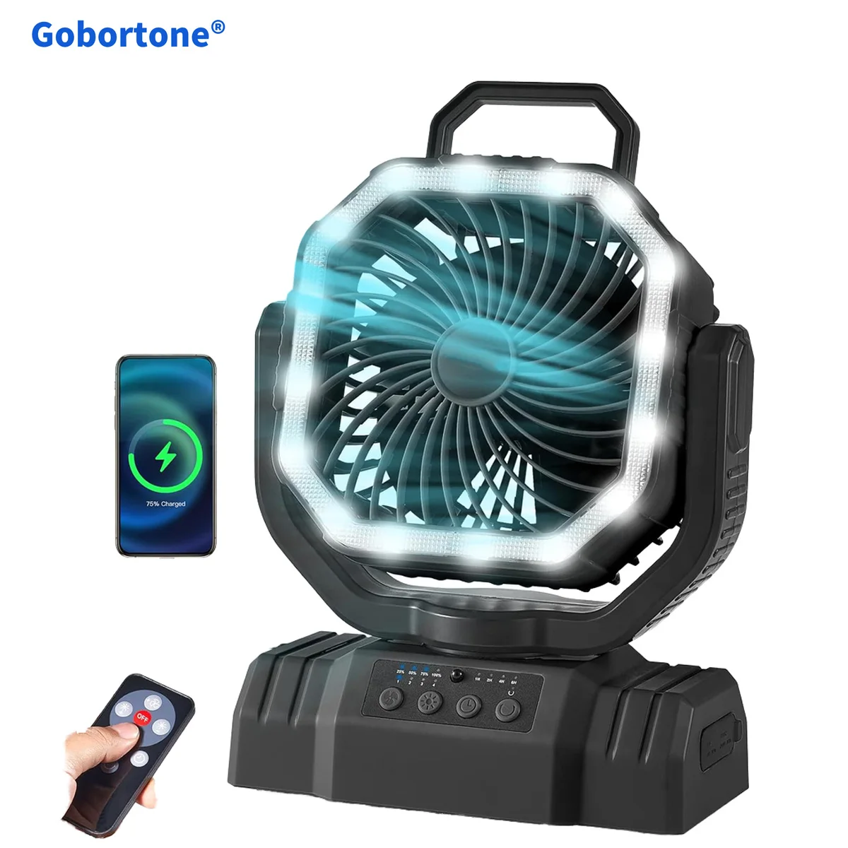 

Портативный вентилятор Gobortone 10000 мАч для кемпинга, перезаряжаемый, беспроводной, на аккумуляторе, со светодиодным фонарем, для путешествий